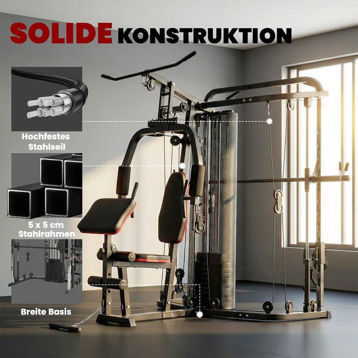 Power rack fitnessstation med 65 kg vægte, lat pulldown, butterfly bar, justerbar preacher bænk, bentræner