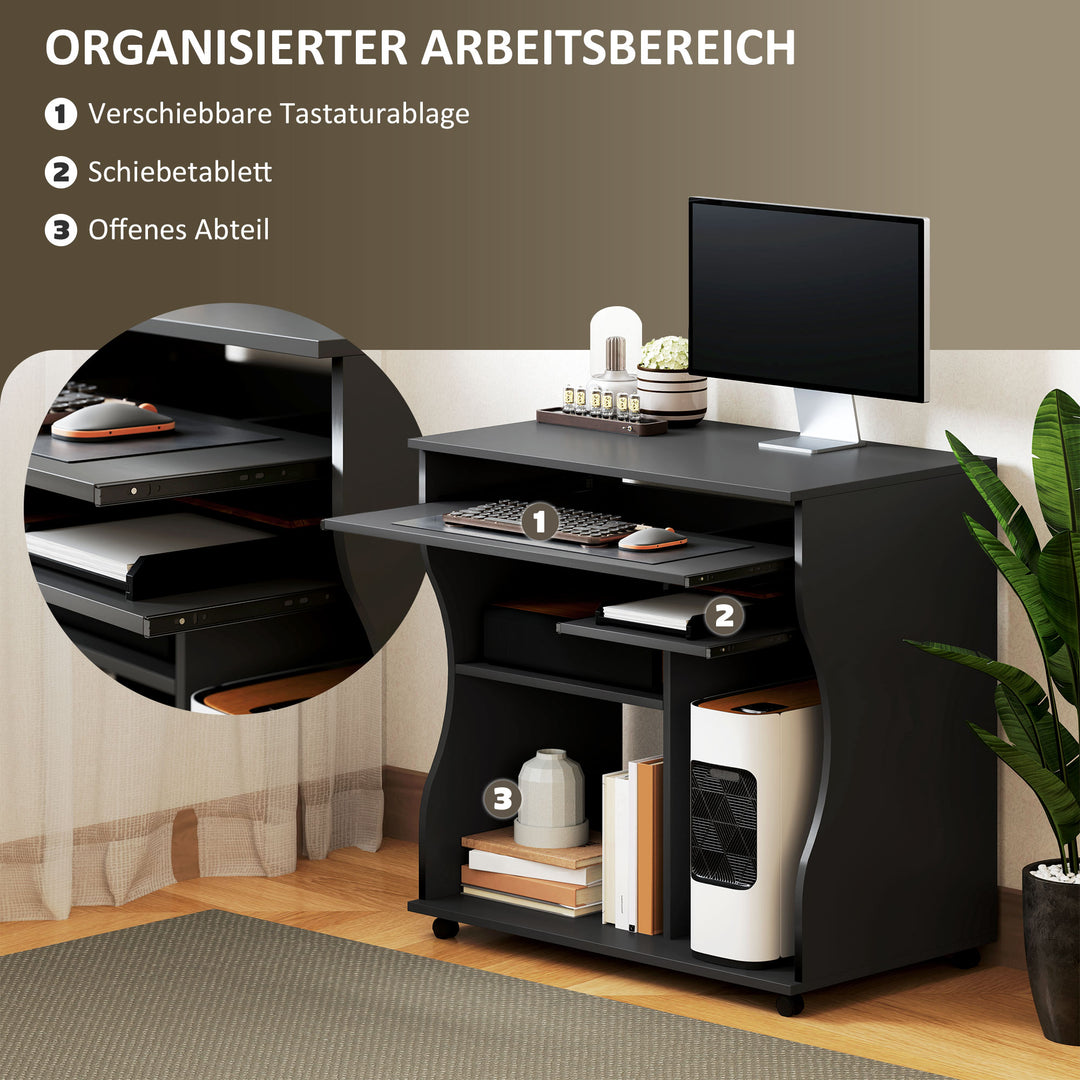 Computerbord med hjul, skrivebord med opbevaring, 80 x 48 x 75 cm, sort