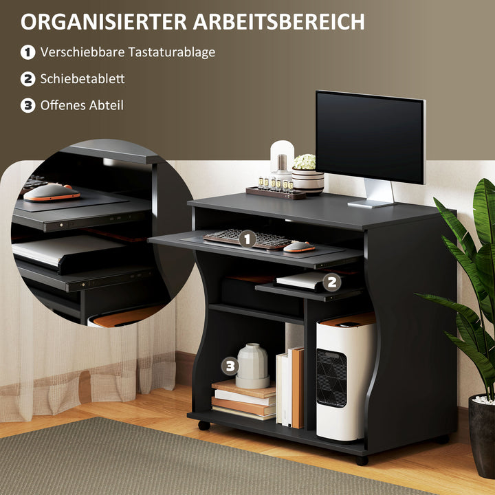 Computerbord med hjul, skrivebord med opbevaring, 80 x 48 x 75 cm, sort