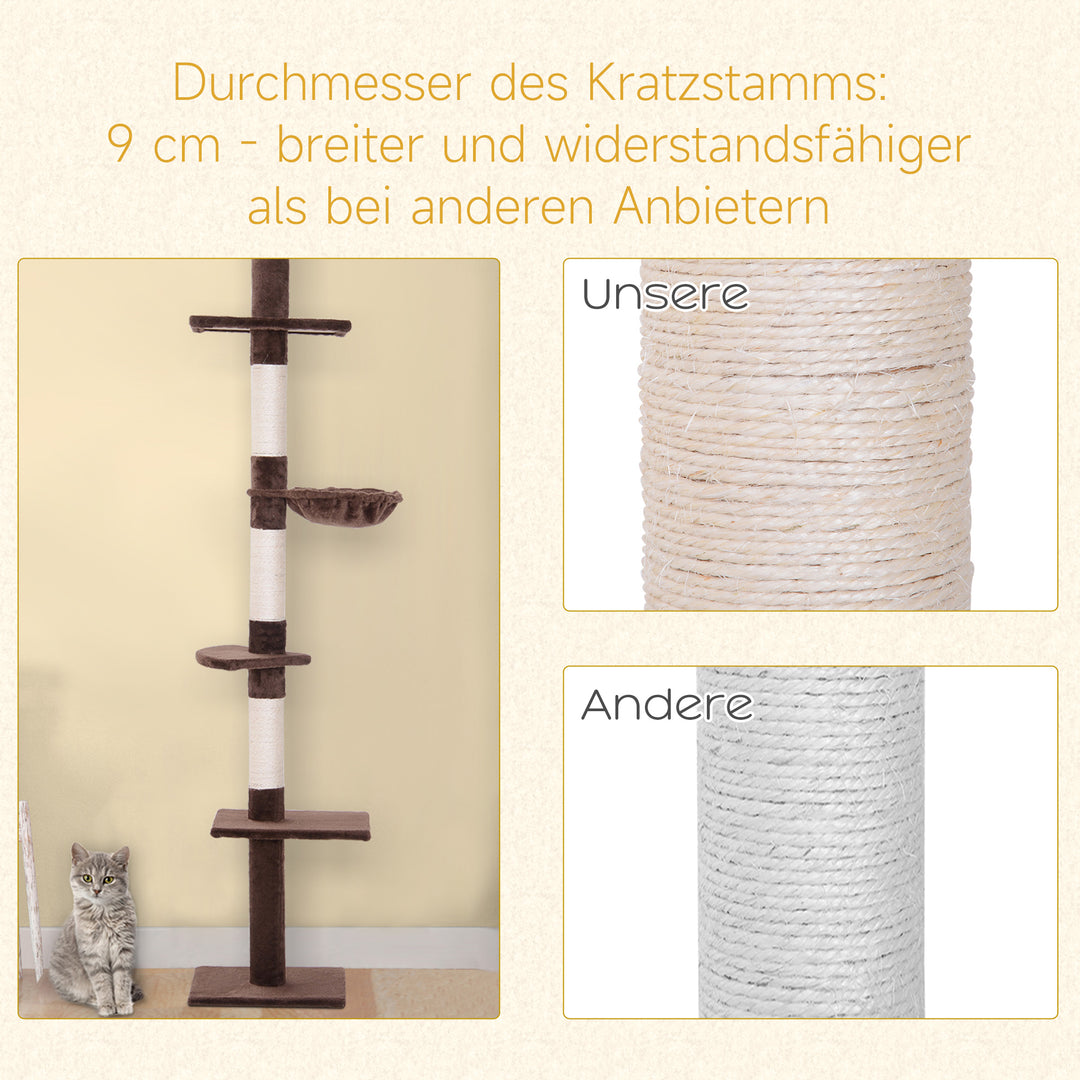 Kradsetræ med loftshøjdejusterbar, robust kradsetræ med sisalstolper, klatretræ til katte, brunt, 40 x 34 x 230-260 cm