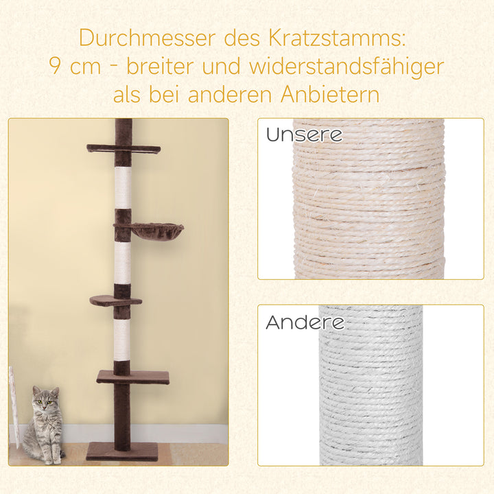 Kradsetræ med loftshøjdejusterbar, robust kradsetræ med sisalstolper, klatretræ til katte, brunt, 40 x 34 x 230-260 cm