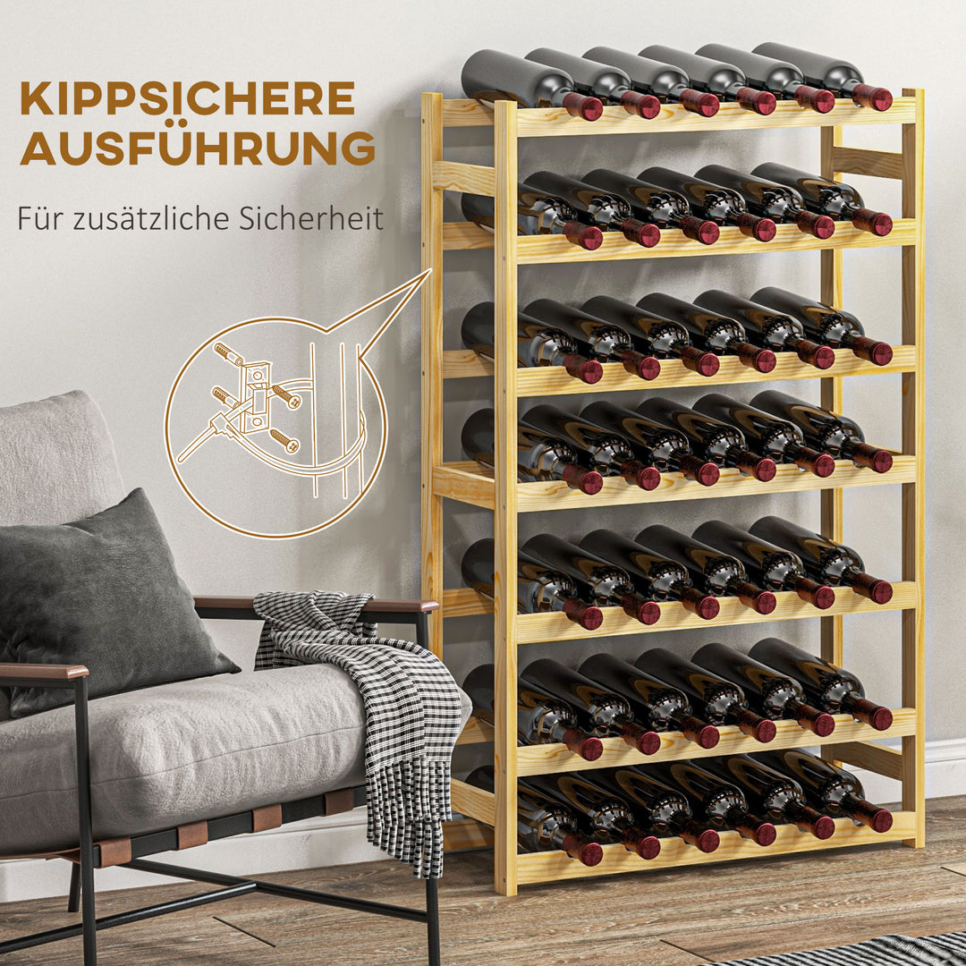 Vinreol, 7 hylder, til 42 flasker, anti-tip, fyrretræ, 63x25x102cm, natur