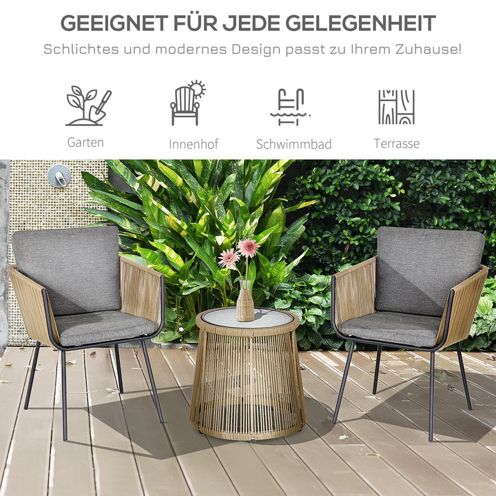 3-delt siddesæt, 2 stole, sidebord, sæde- og ryghynder, bordplade af hærdet glas, syntetisk rattan, grå