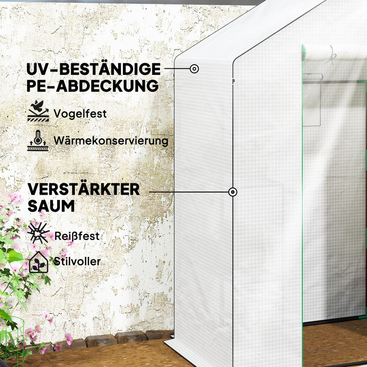 Drivhus med hylder, minidrivhus, uv-bestandigt, netvindue, lynlåsdør, 143l x 74b x 190h cm, hvid