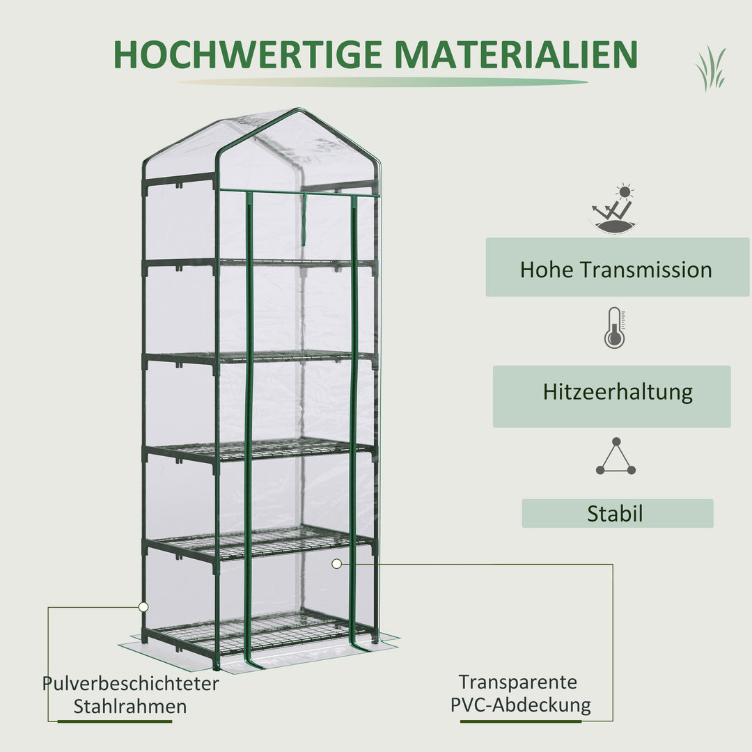 Minidrivhus med 5 hylder til blomster eller grøntsager, transparent+grønt stål, plastik, 69 x 49 x 193 cm