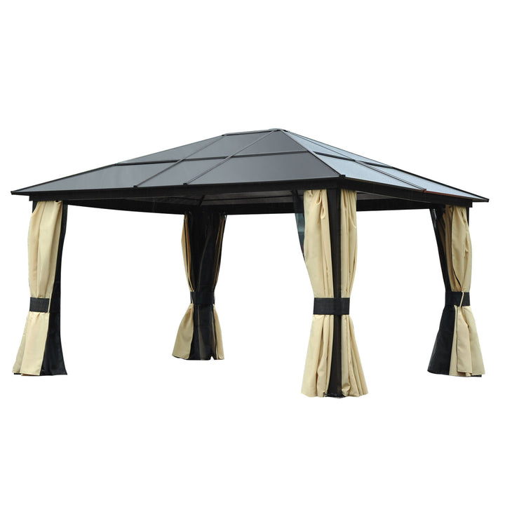 Havepavillon med hårdt tag 4,2 x 3,6 m, gardiner med fluenet, aluminiumsramme, brun+creme