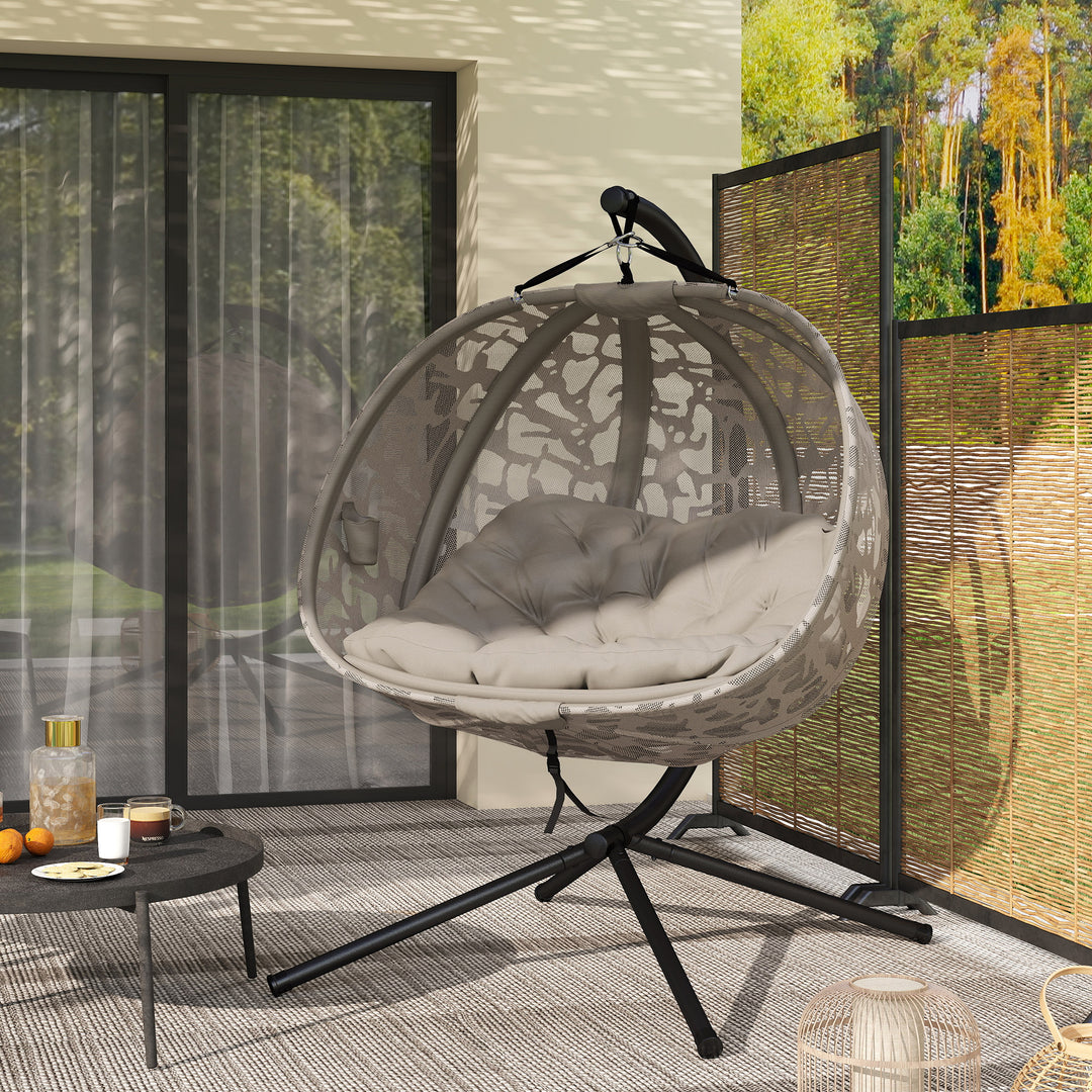 Hængestol til 2 personer, foldbar siddekurv, stor siddehynde, sand, 130 x 103 x 172 cm