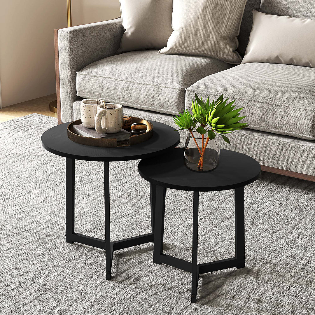 Moderne sofabordsæt med 2, metalstel, MDF, rundt design, stabelbart, sort
