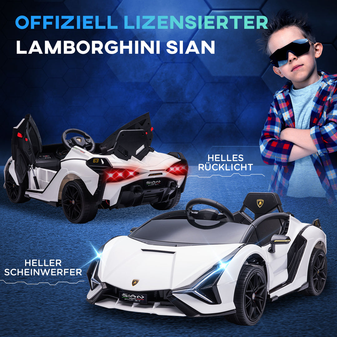 Børnebil 12V 2 køretilstande Lamborghini SIAN SUV legetøjsbil elbil med fjernbetjening musik (MP3/USB) lys 37-60 måneder metalhvid 108 x 62 x 40 cm
