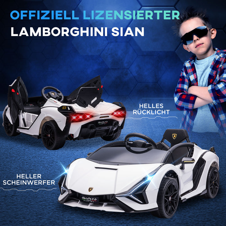 Børnebil 12V 2 køretilstande Lamborghini SIAN SUV legetøjsbil elbil med fjernbetjening musik (MP3/USB) lys 37-60 måneder metalhvid 108 x 62 x 40 cm