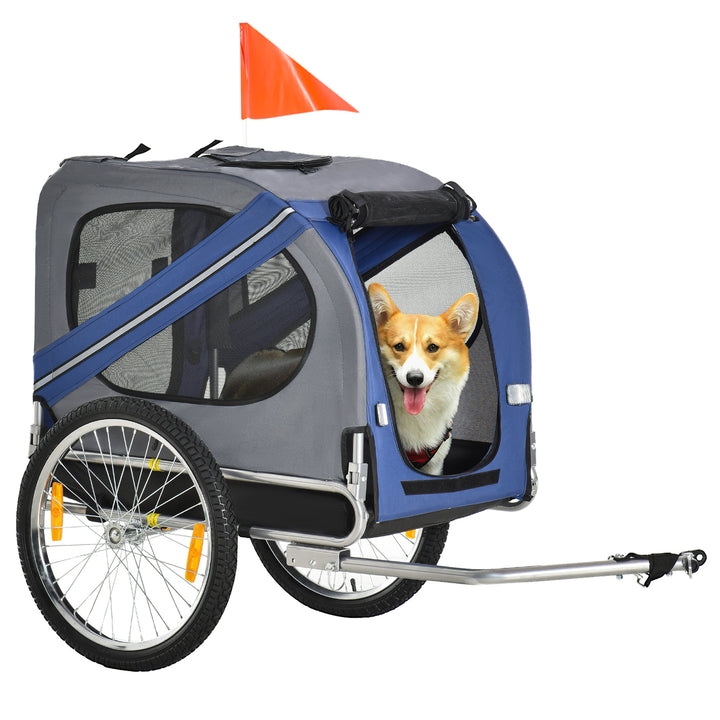 2-I-1 kæledyrstrailer cykeltrailer op til 20 kg foldbart regnslag sikkerhedsflagreflekser stålgrå+blå 130 x 73 x 90 cm