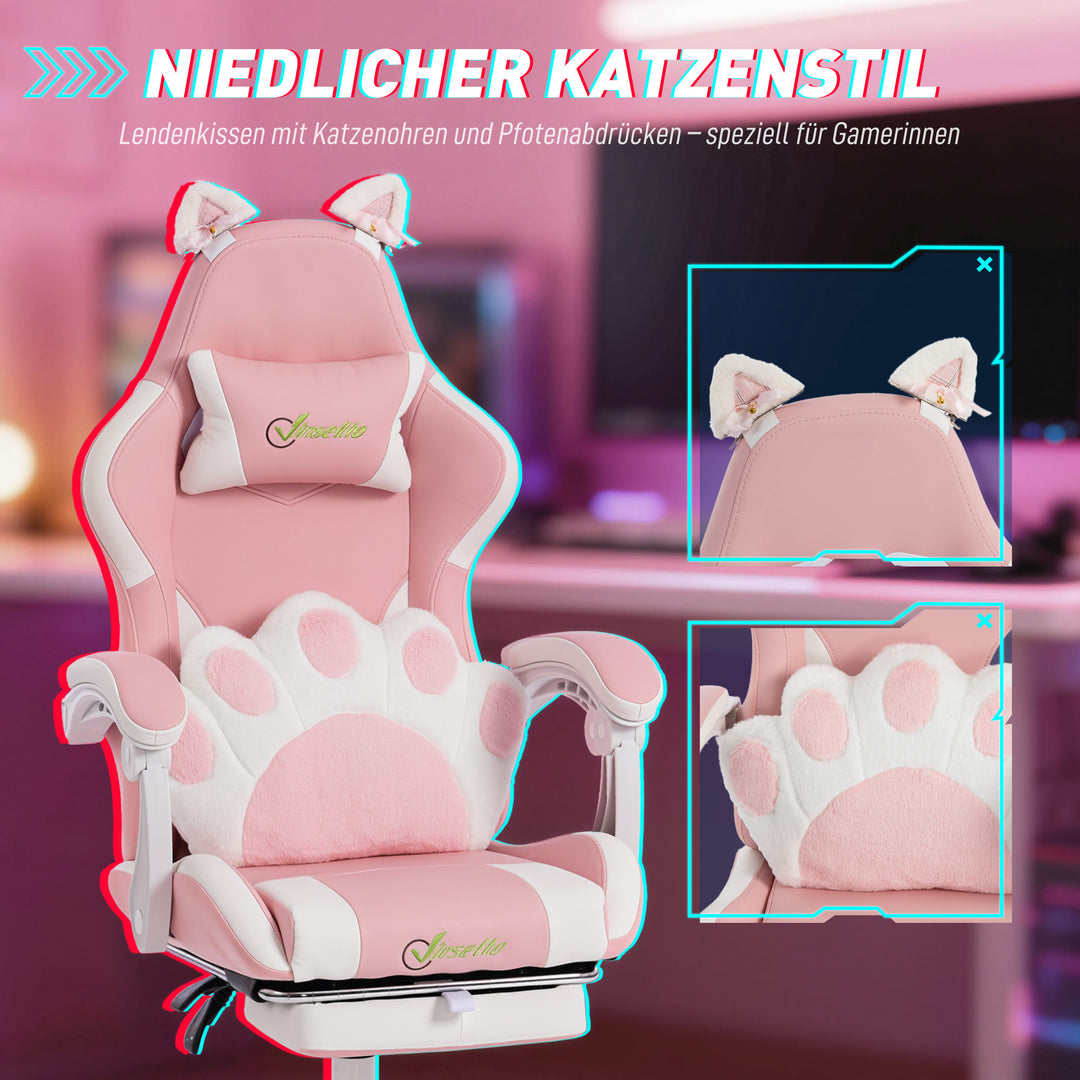 Ergonomisk gamingstol, katteøre gamerstol lavet af kunstlæder med lændestøtte, fodstøtte, nakkestøtte, pink
