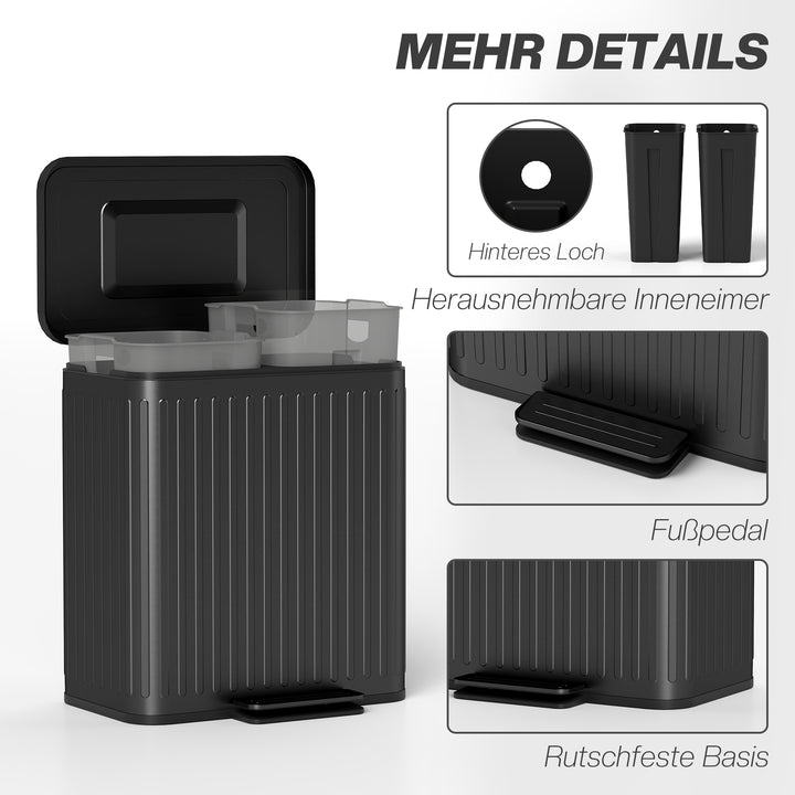 Køkkenaffaldsspand, 2 x 20 L rum, effektiv affaldssortering, fodpedal, plast, metal, sort