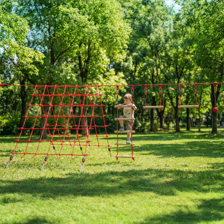 Ninja Line Kids 10m Slackline Sæt med Gymnastikringe, Gynge, Klatrestige, Klatrenet til 3-6 år, 1000x300x180 cm, Rød
