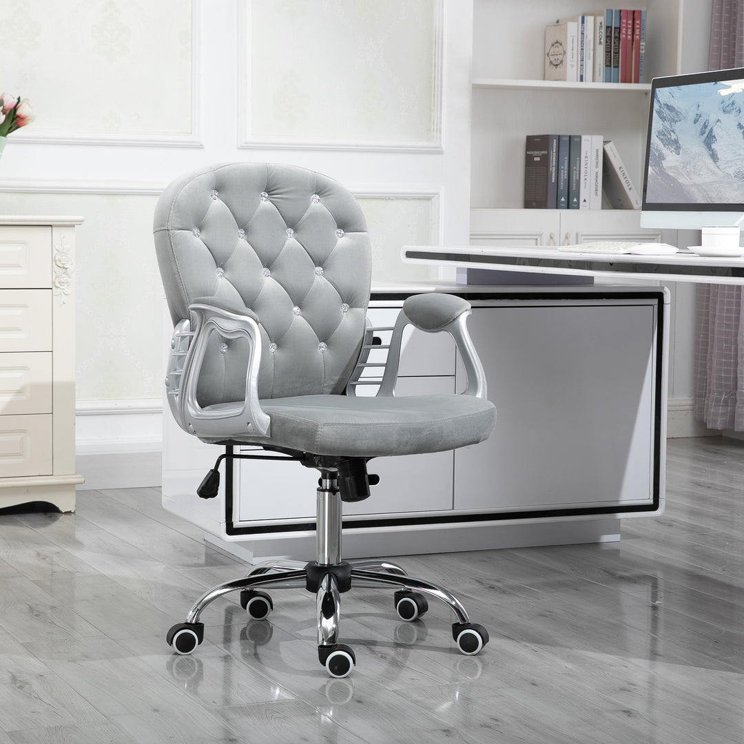 Kontorstol, ergonomisk skrivebordsstol med armlæn, polstret ryglæn, højdejusterbar computerstol med fløjlslook, drejestol til hjemmekontor, grå