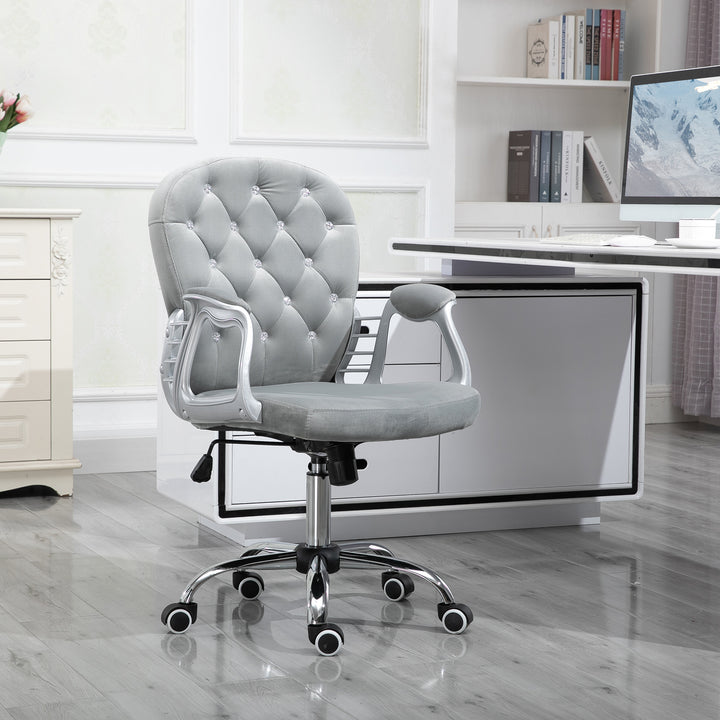 Kontorstol, ergonomisk skrivebordsstol med armlæn, polstret ryglæn, højdejusterbar computerstol med fløjlslook, drejestol til hjemmekontor, grå