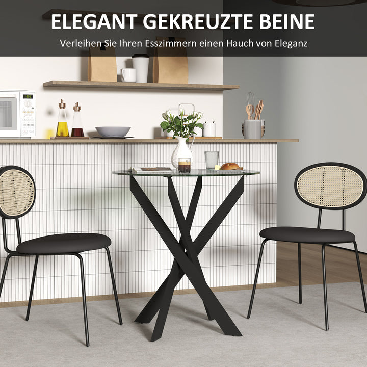 Moderne glas spisebord, 70 cm diameter, køkkenbord med hærdet glasplade og metalben, til 4 personer