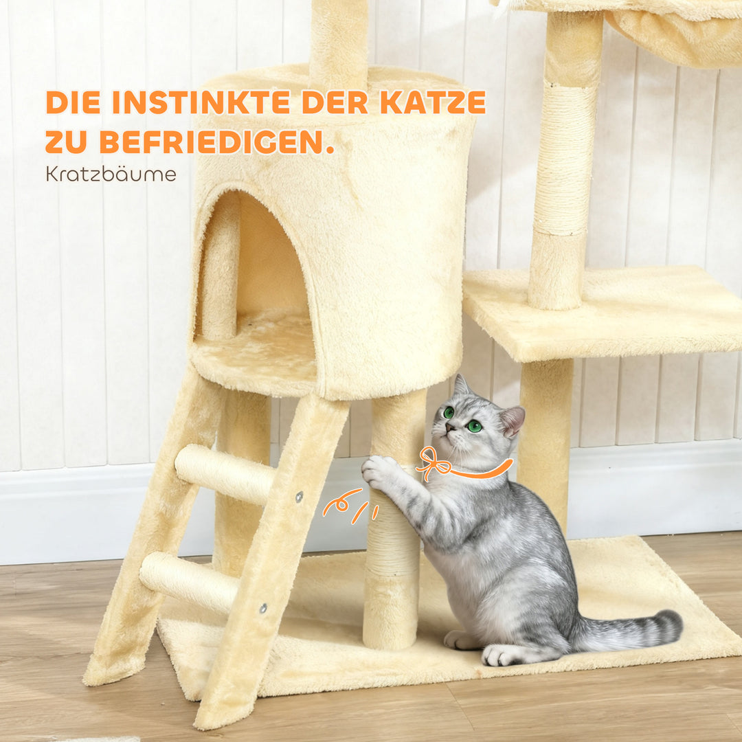 Kradsetræ med hule, 4 legetøj, sisalstolper, stor platform, trappe, til katte under 5 kg, beige