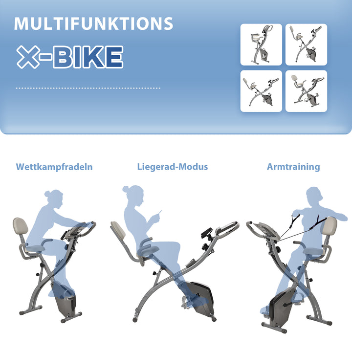 X-bike 2-i-1 motionscykel med lcd-skærm, pulsmåler, foldbar motionscykel med 8 niveauer af magnetisk modstand, 1 par spændereb, stålgrå 105 x 48 x 118 cm