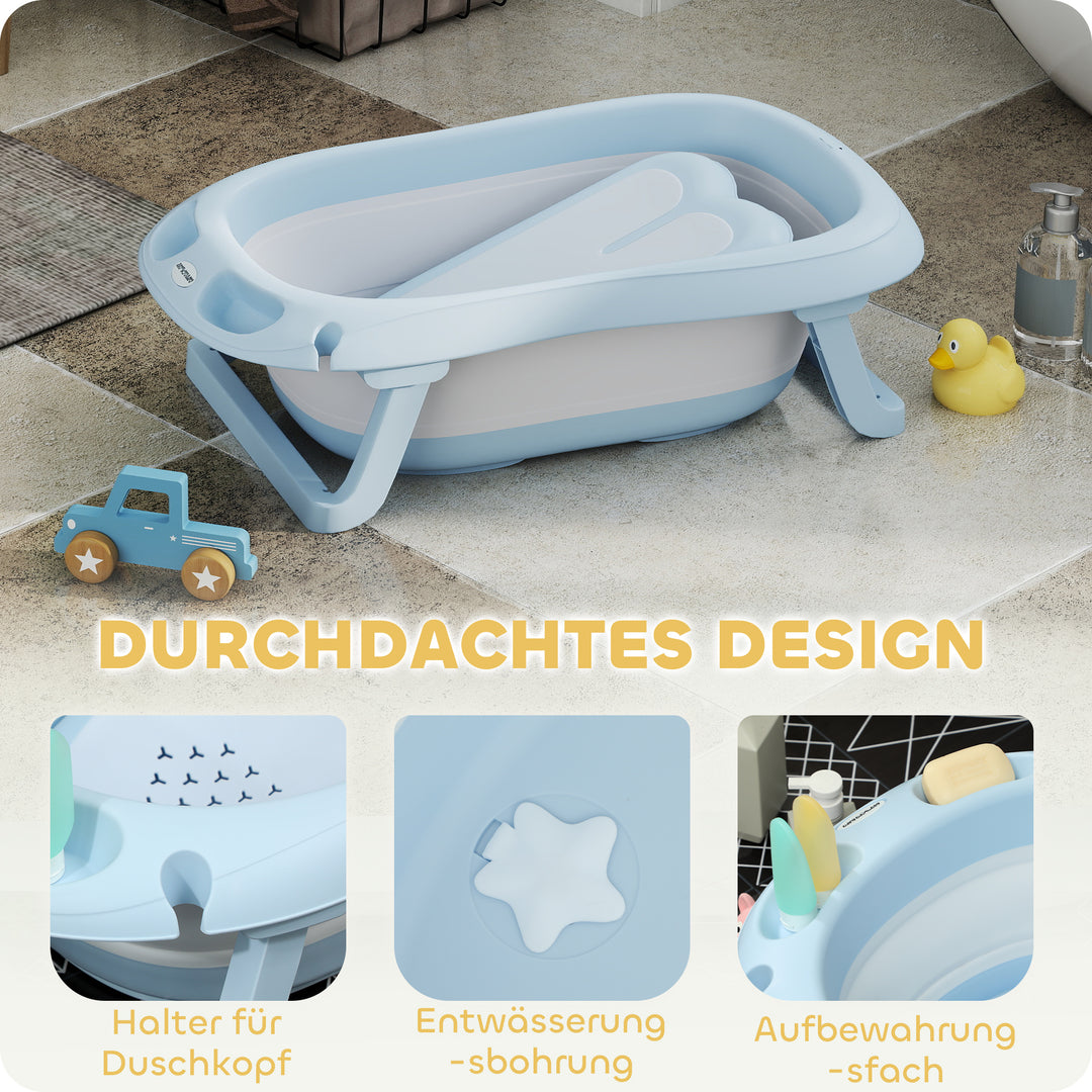 Babybadekar, foldbart, skridsikker bund, sikre materialer, 83l x 48b x 23,5h cm, lyseblå
