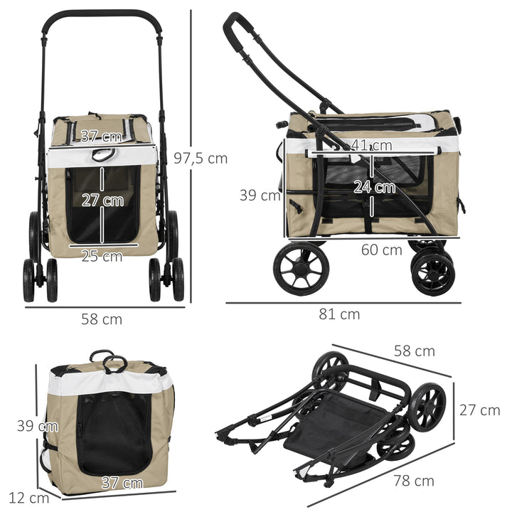 Hundevogn, sammenklappelig, aftagelig kurv, 81 x 58 x 97,5 cm, sort, khaki og hvid