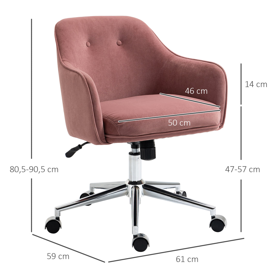 Kontorstol med knaplukning, højdejusterbar, gyngefunktion, fløjlslook, 61 cm x 59 cm x 90,5 cm, antik pink