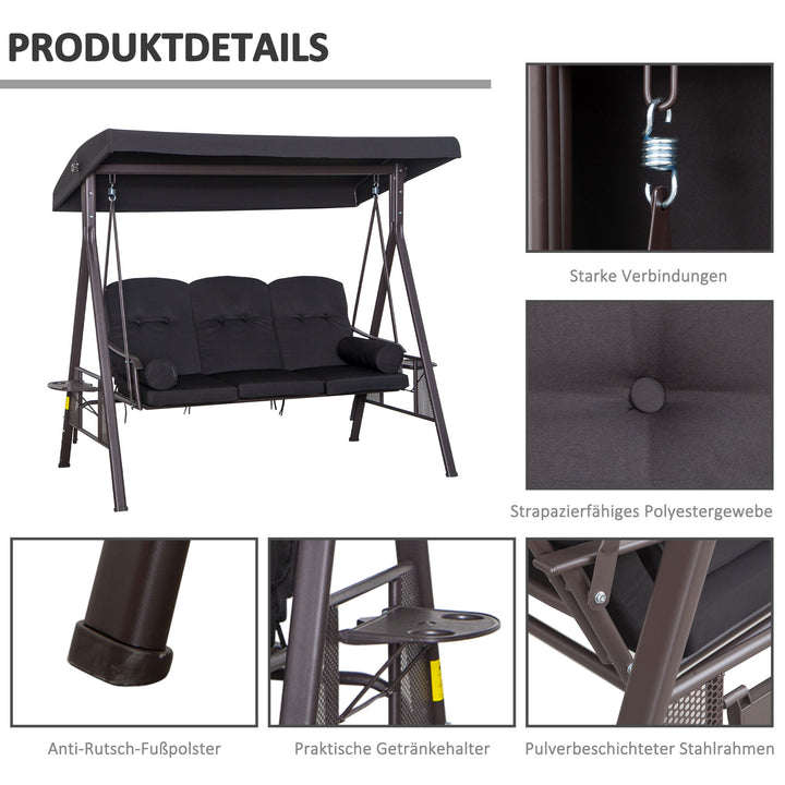 Hollywood gynge til 3 personer, vipbart tag, metalramme, brun+sort, 116 x 206 x 183 cm