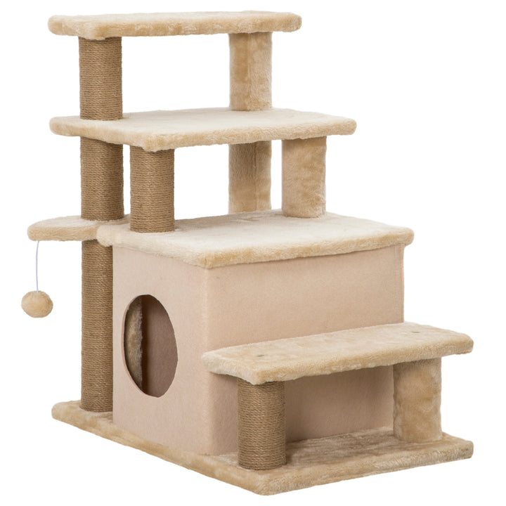 Kradsetræ til kæledyr, 4 trin, legebold, hus, højdejusterbar, 60 x 40 x 66 cm, beige