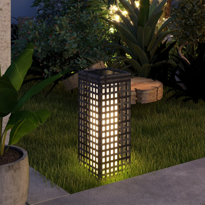 Udendørslampe med solpanel, automatisk tænding, 8 timers driftstid, rottinglook, stål, 15,5 x 15,5 x 46 cm, grå
