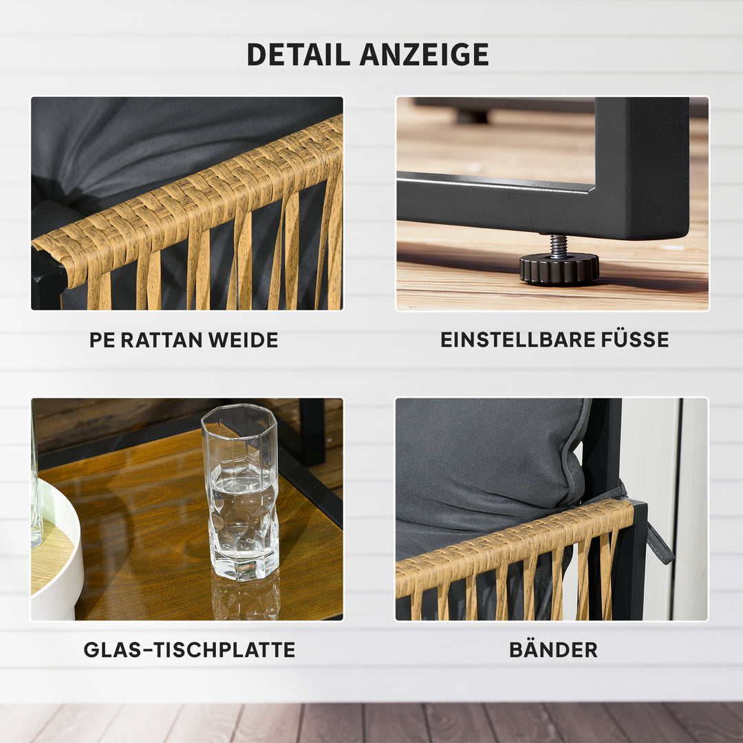 Havemøbelsæt, 4 dele, sofa, 2 stole, bord med glasplade, metalstel, polyrattan, antracit