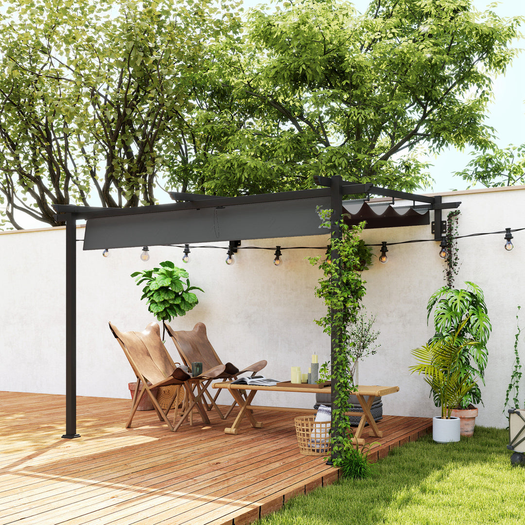 Pavillon, 3 x 3 m pergola, vindtæt terrassetag, vægmonteret, justerbart tag, til have, terrasse, mørkegrå