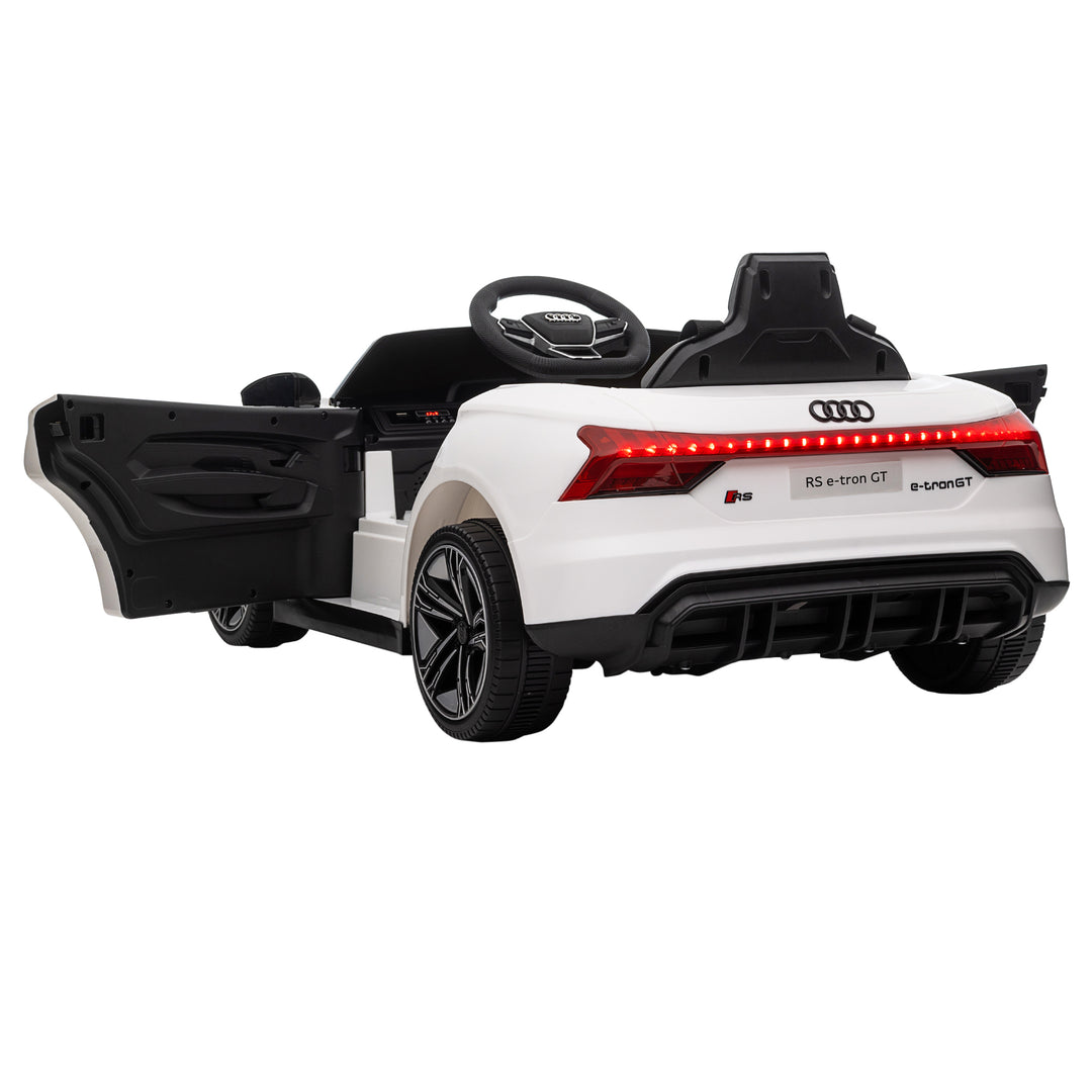 Audi RS e-tron GT elbil til børn med sikkerhedssele, fjernbetjening, forlygter, musikfunktion, hvid, 103 x 58 x 41 cm