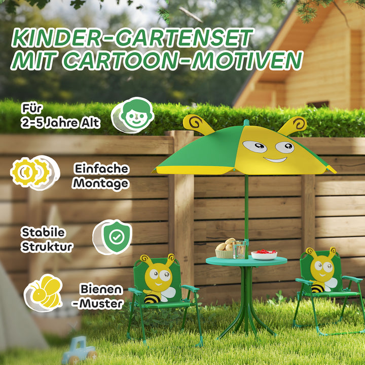 Børnehavemøbelsæt, stole, bord, parasol, bidesign, grøn+gul