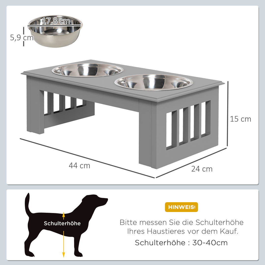 Foderstation til hunde, skridsikker, 44x24x15cm, grå, 0,9l pr. skål