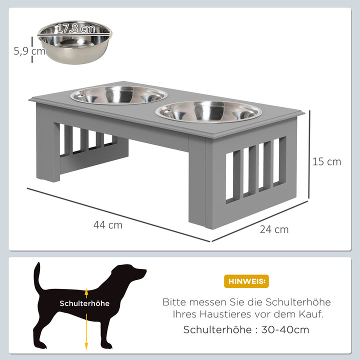 Foderstation til hunde, skridsikker, 44x24x15cm, grå, 0,9l pr. skål