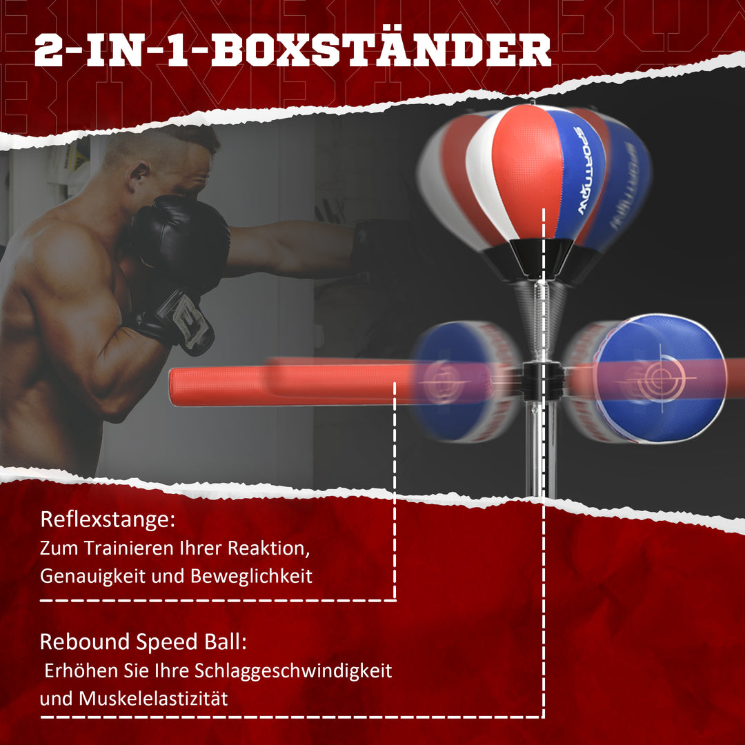 Boksestativ, højdejusterbar, refleksstang, klo, speedball, fyldbart stativ, 80,5 x 48 x 163-205 cm