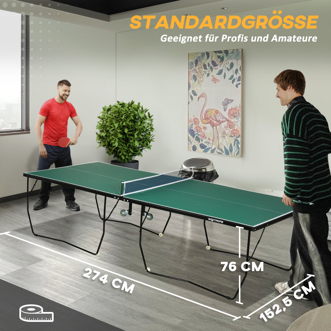 Bordtennisbord, foldbart, 8 hjul, inklusive bat og bolde, 274 cm x 152,5 cm x 76 cm, grøn