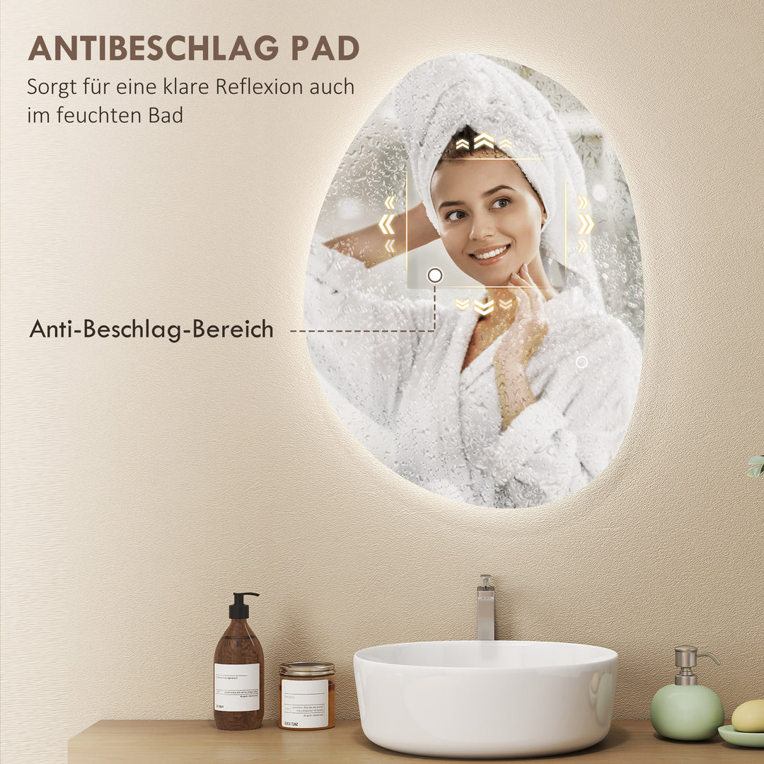 70 x 50 cm asymmetrisk badeværelsesspejl med LED-lys, smart touch-afbryder, antidugfunktion, sølv