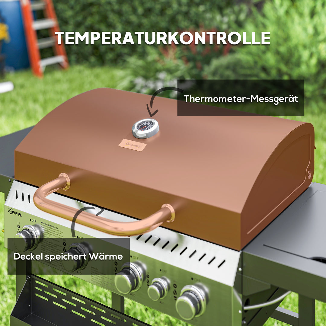 Gasgrill, BBQ-grill, 4 hovedbrændere, 1 sidebrænder, 1 varmeplade; 135 x 55 x 103 cm, sort