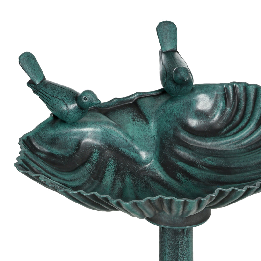 Fuglebad med statuer, 2 bassiner, plastik, antikt look, 49,5L x 38B x 81H cm, mørkegrøn
