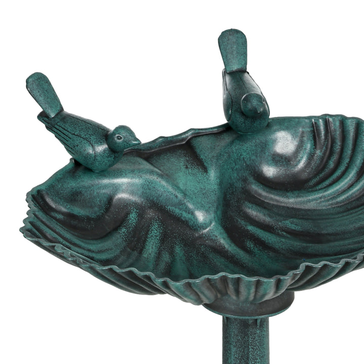 Fuglebad med statuer, 2 bassiner, plastik, antikt look, 49,5L x 38B x 81H cm, mørkegrøn