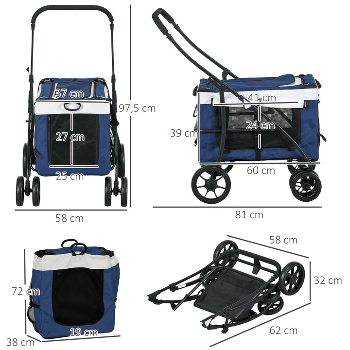 Hundevogn, kæledyrsvogn, kæledyrstransportør op til 10 kg, foldbar, justerbare bærestropper, aftagelig kurv, 81 x 58 x 97,5 cm, sort + blå + hvid