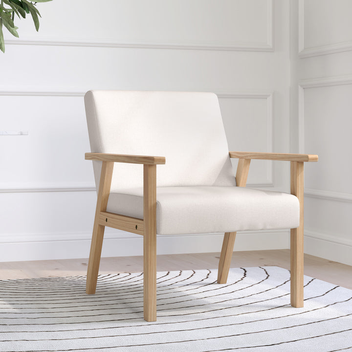 Polstret lænestol med armlæn, spisestol i hørlook, massivt træstel, 64 x 70 x 72 cm, cremefarvet