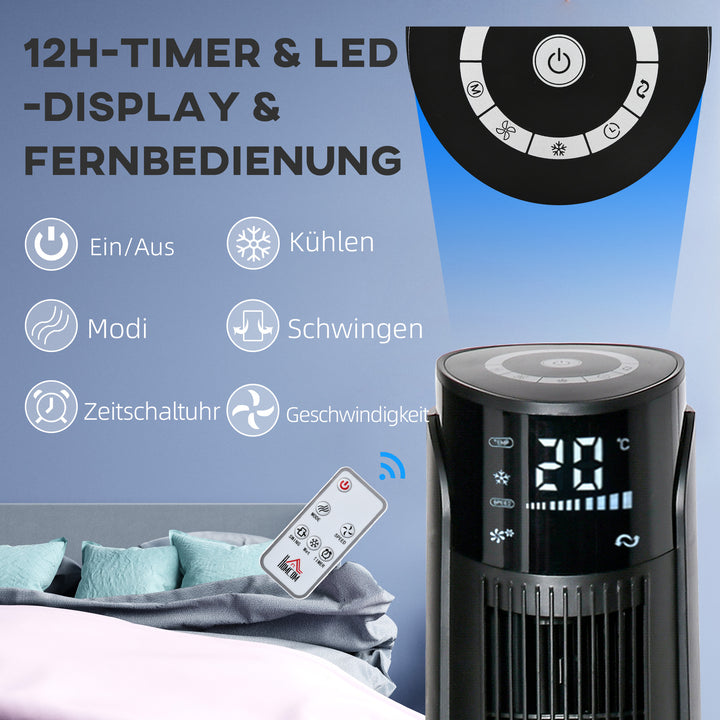 Tårnventilator, klimaanlæg med 4 tilstande, 3 hastigheder, timer, plastik