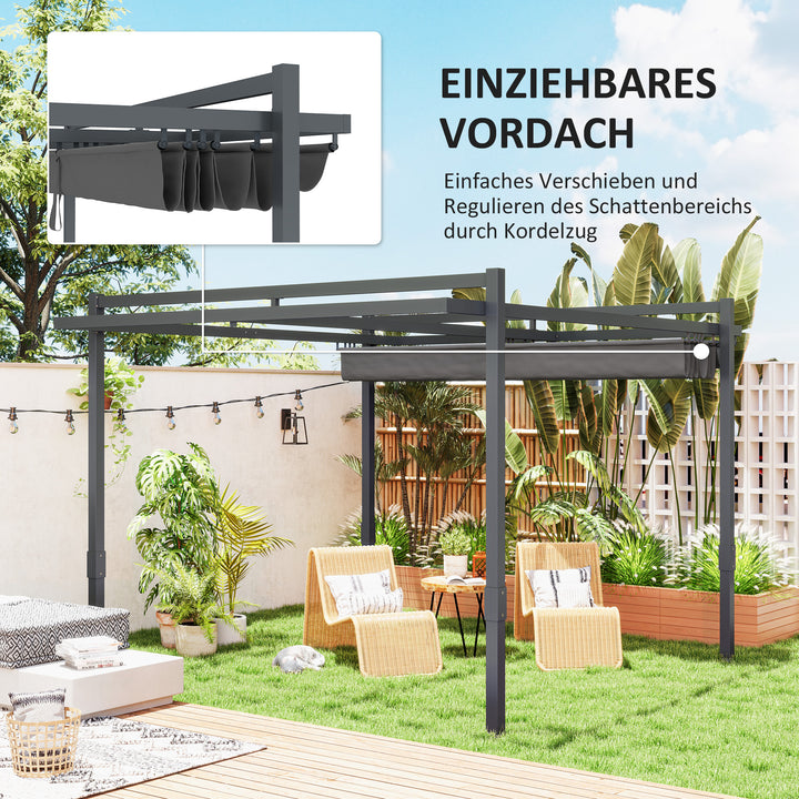 Pergola pavillon ca. 3,5x3m aluminium stabil vinterbestandig solbeskyttelse med justerbart skydetag grå
