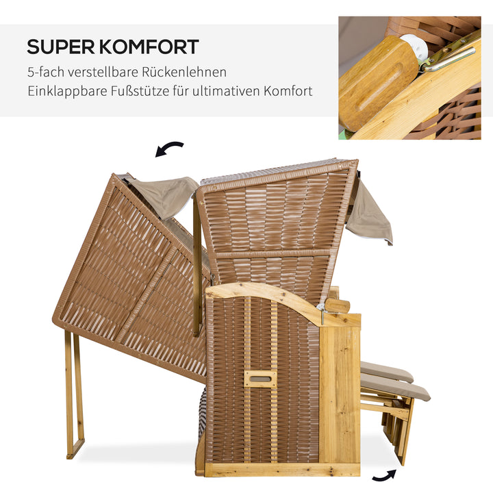 Strandstol/solseng med baldakin, 2 klapborde, fodstøtte, chaiselong, justerbar ryglæn med 5 positioner, XXL polyrattan, naturlig finish, 150 x 79 x 160 cm