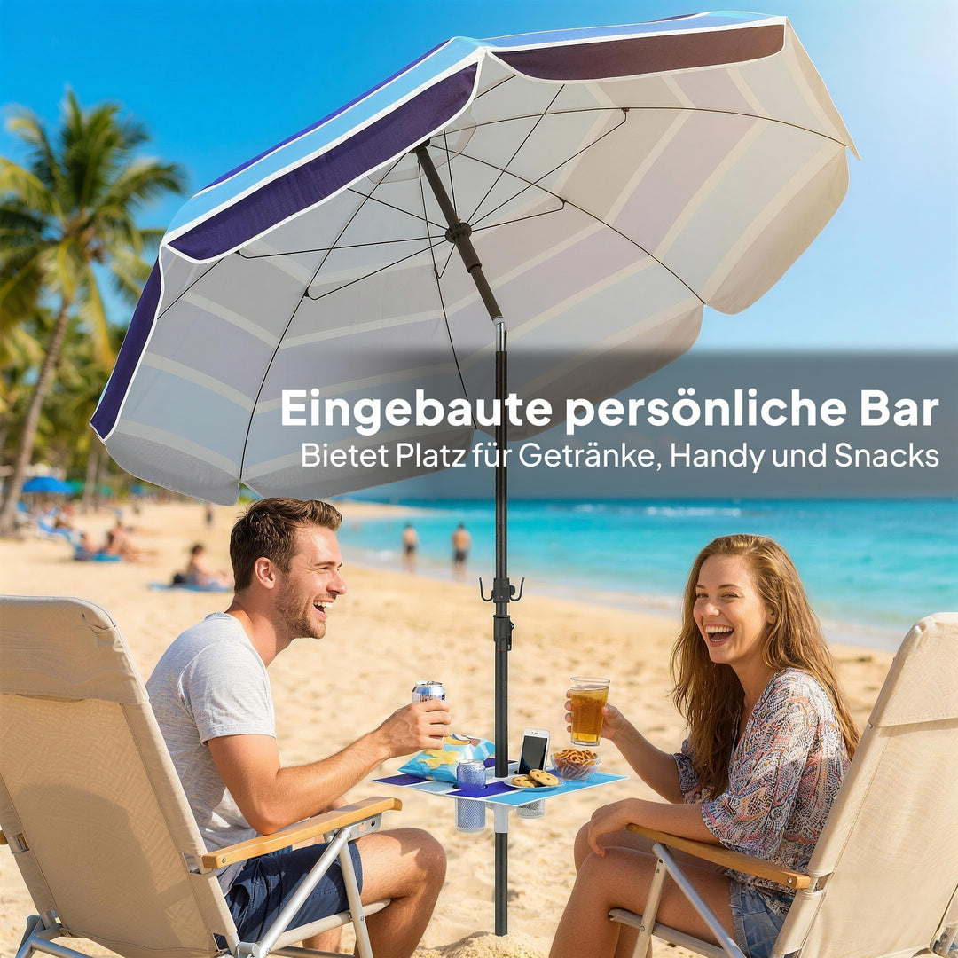 Strandparasol Ø198 cm UV30+ Strandparasol med foldbart bord, kopholder, justerbar hældning, flerfarvet