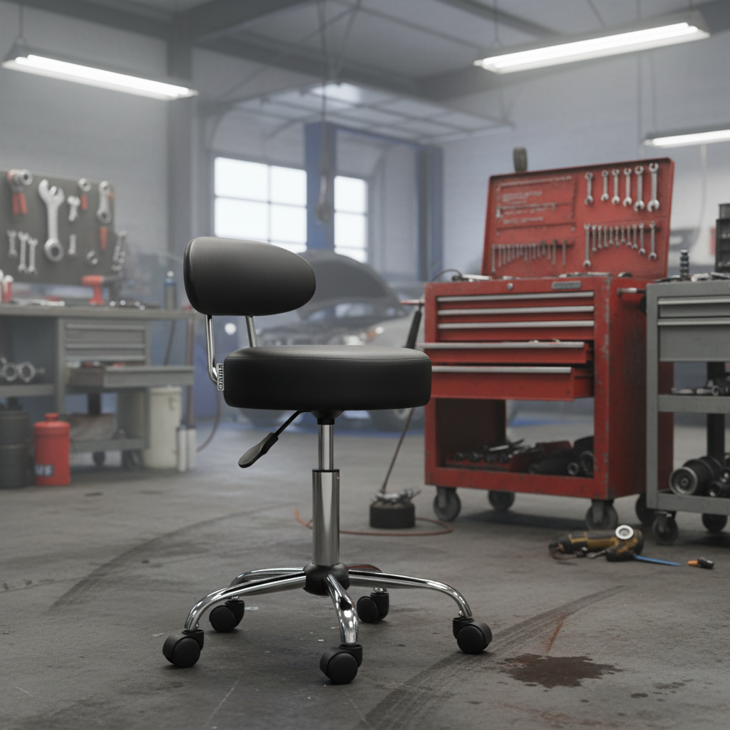 Drejelig skammel / drejestol med ryglæn, 360° drejelig, sort