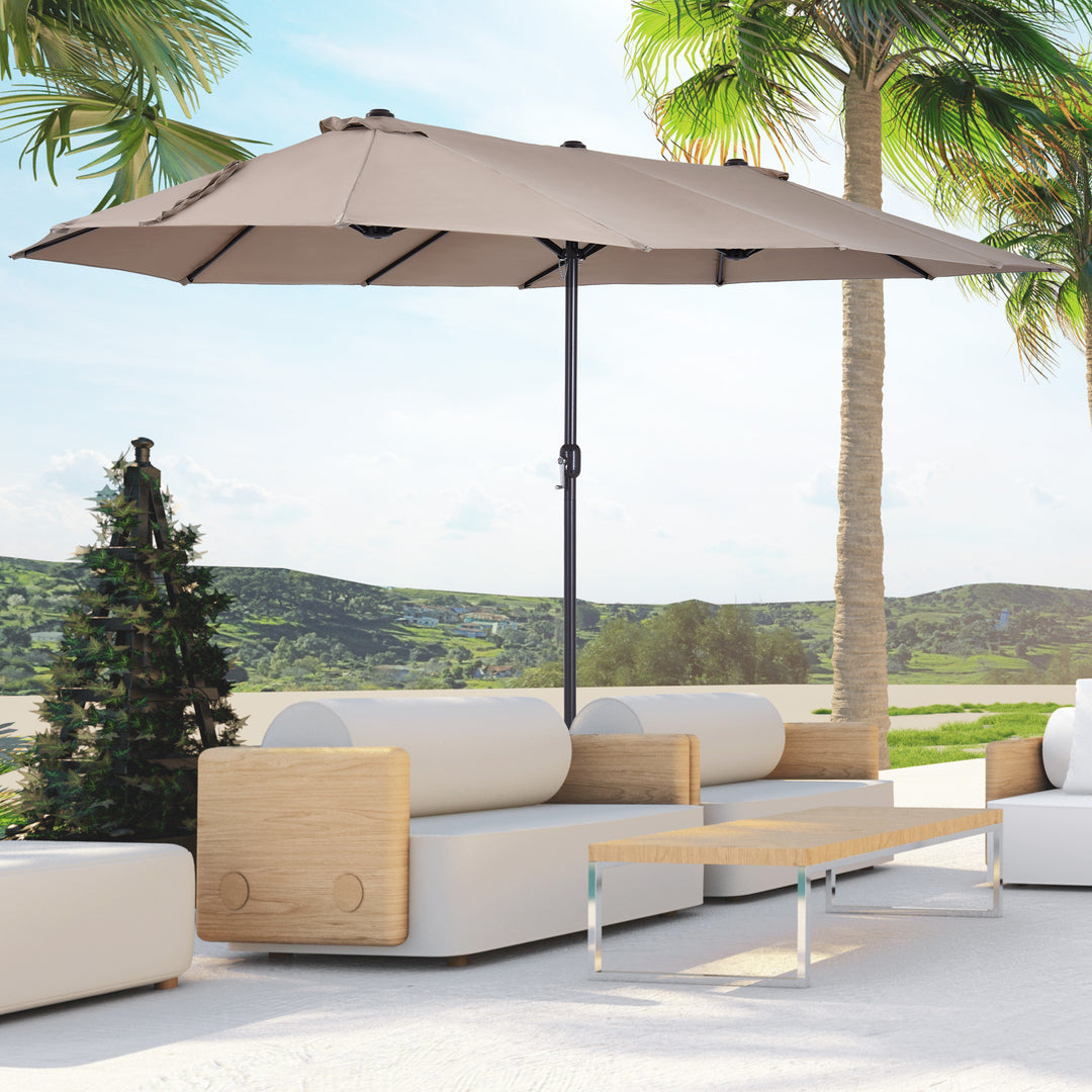 Dobbeltparasol 455 x 270 cm haveparasol med håndsving oval stabil metalstang markedsparasol dobbeltparasol terrasseparasol solbeskyttelse til strand balkon terrasse have lys kaffe