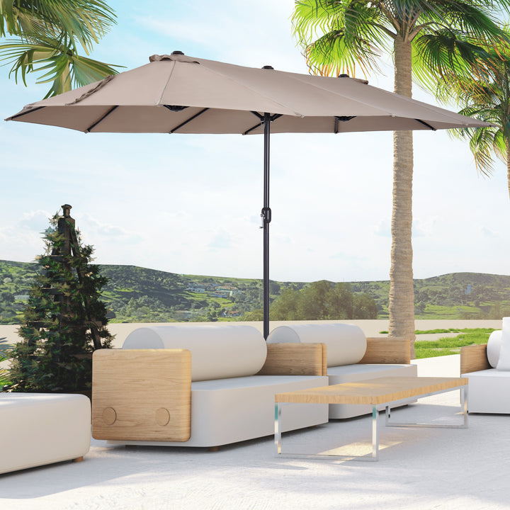 Dobbeltparasol 455 x 270 cm haveparasol med håndsving oval stabil metalstang markedsparasol dobbeltparasol terrasseparasol solbeskyttelse til strand balkon terrasse have lys kaffe